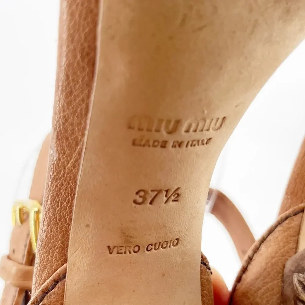 Miu Miu Vintage Camel Tan Floral Flower Carved Wood Heel Platform Sandal IT 37.5 - Picture 12 of 12